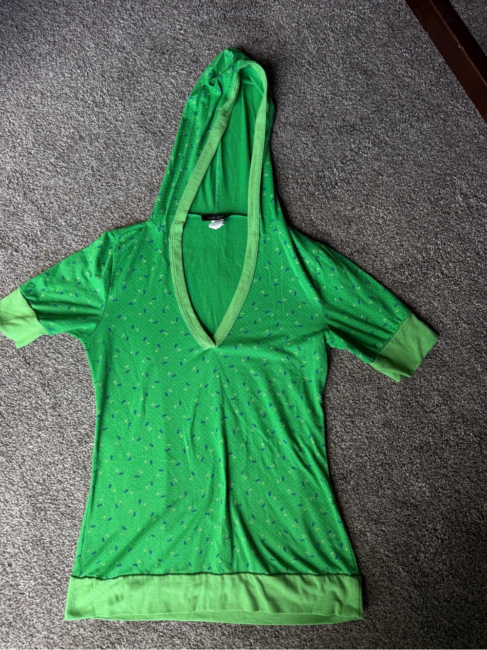 Green Hooded Short-Sleeve Sweatshirt Top